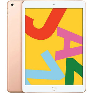 Apple iPad 7 Cellular in Gold, displaying the front screen and elegant gold back with a rear camera