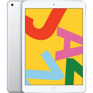 Apple iPad 7 Wi-Fi in Silver, featuring the bright front display and smooth silver back with a rear camera