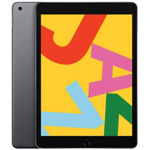 Apple iPad 7 Wi-Fi in Space Gray, showcasing the front display and sleek dark gray back with a rear camera