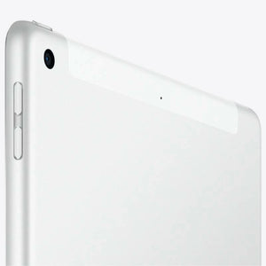 Apple iPad 9 Cellular in Silver, featuring the front display and sleek silver back with a rear camera, and volume buttons visible on the side