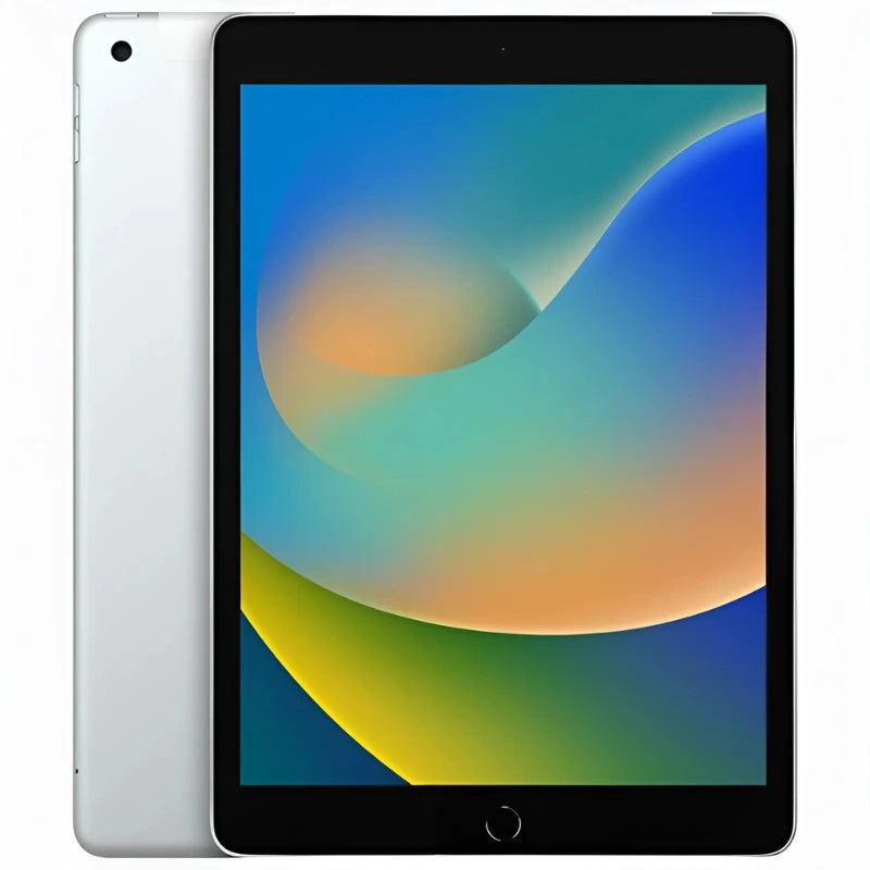 Apple iPad 9 Cellular in Silver, featuring the front display and sleek silver back with a rear camera