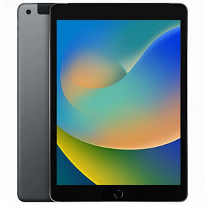 Apple iPad 9 Cellular in Space Gray, showing its front display and smooth dark gray back with a rear camera