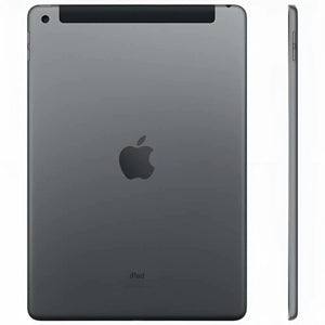 Apple iPad 9 Cellular in Space Gray, showing its front display and smooth dark gray back with a rear camera, along with volume buttons on the side