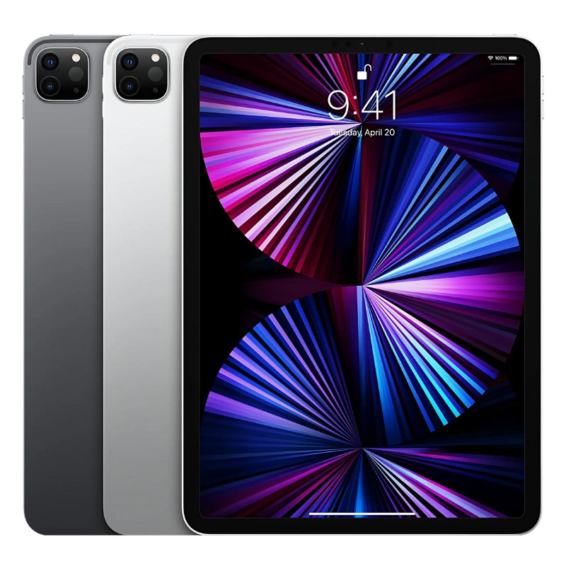 Apple iPad Pro 11-inch (3rd generation) Wi-Fi model in all color, front view showing edge-to-edge display and back view with dual-camera system
