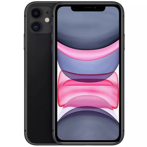 Apple iPhone 11 in black, front with sleek display and top notch; back with dual camera and flash module