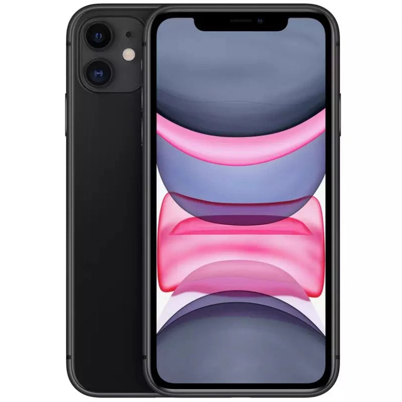 Apple iPhone 11 in black, front with sleek display and top notch; back with dual camera and flash module