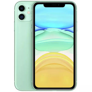 Apple iPhone 11 in green, front with sleek display and top notch; back with dual camera and flash module