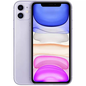 Apple iPhone 11 in purple, front with sleek display and top notch; back with dual camera and flash module