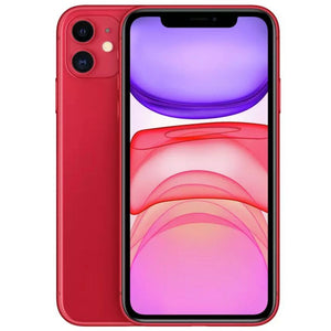 Apple iPhone 11 in red, front with sleek display and top notch; back with dual camera and flash module