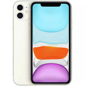 Apple iPhone 11 in white, front with sleek display and top notch; back with dual camera and flash module