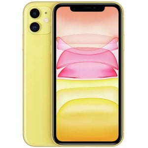 Apple iPhone 11 in yellow, front with sleek display and top notch; back with dual camera and flash module