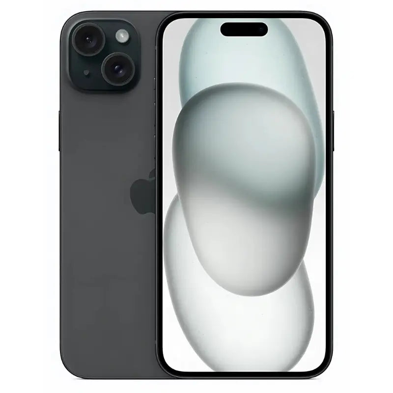 Apple iPhone 15 in black color, showing the front display with Dynamic Island at the top and the back with a sleek matte finish, featuring a dual-camera setup arranged diagonally