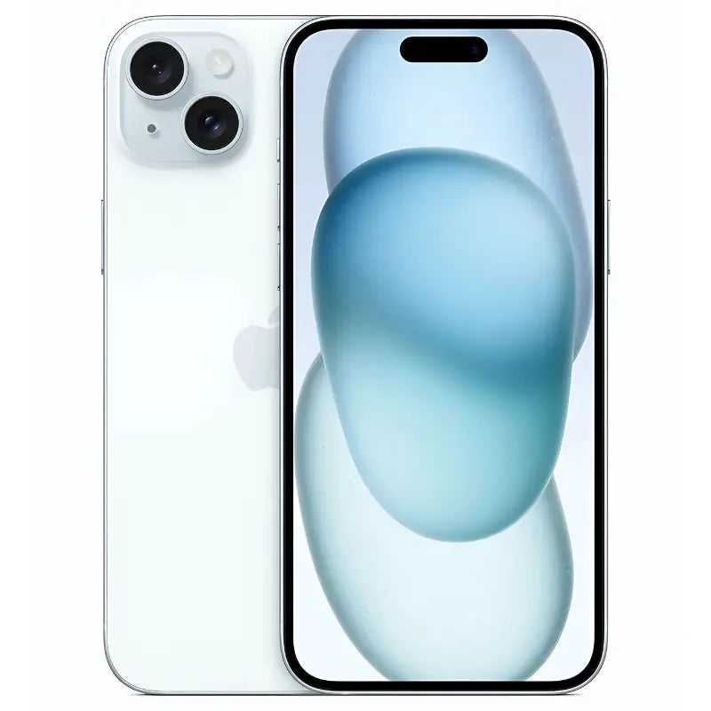 Apple iPhone 15 in blue color, showing the front display with Dynamic Island at the top and the back with a sleek matte finish, featuring a dual-camera setup arranged diagonally