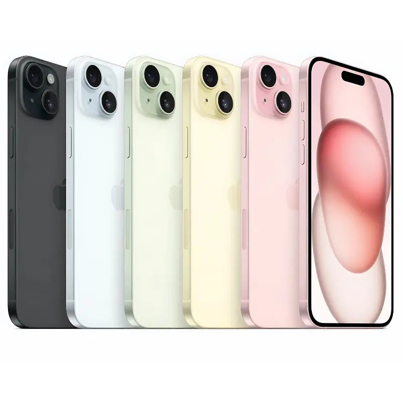 Apple iPhone 15 Plus in all available colors — black, blue, yellow, green, and pink — showcasing the side view with a sleek aluminum frame, along with the front display featuring the Dynamic Island and the back view with a dual-camera setup arranged diagonally, each with a smooth matte finish corresponding to the color