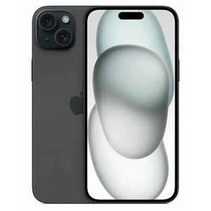 Apple iPhone 15 Plus in black color, showing the front display with Dynamic Island at the top and the back with a sleek matte finish, featuring a dual-camera setup arranged diagonally