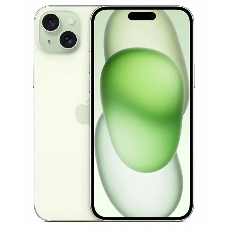 Apple iPhone 15 Plus in green color, showing the front display with Dynamic Island at the top and the back with a sleek matte finish, featuring a dual-camera setup arranged diagonally