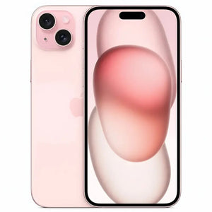 Apple iPhone 15 Plus in pink color, showing the front display with Dynamic Island at the top and the back with a sleek matte finish, featuring a dual-camera setup arranged diagonally