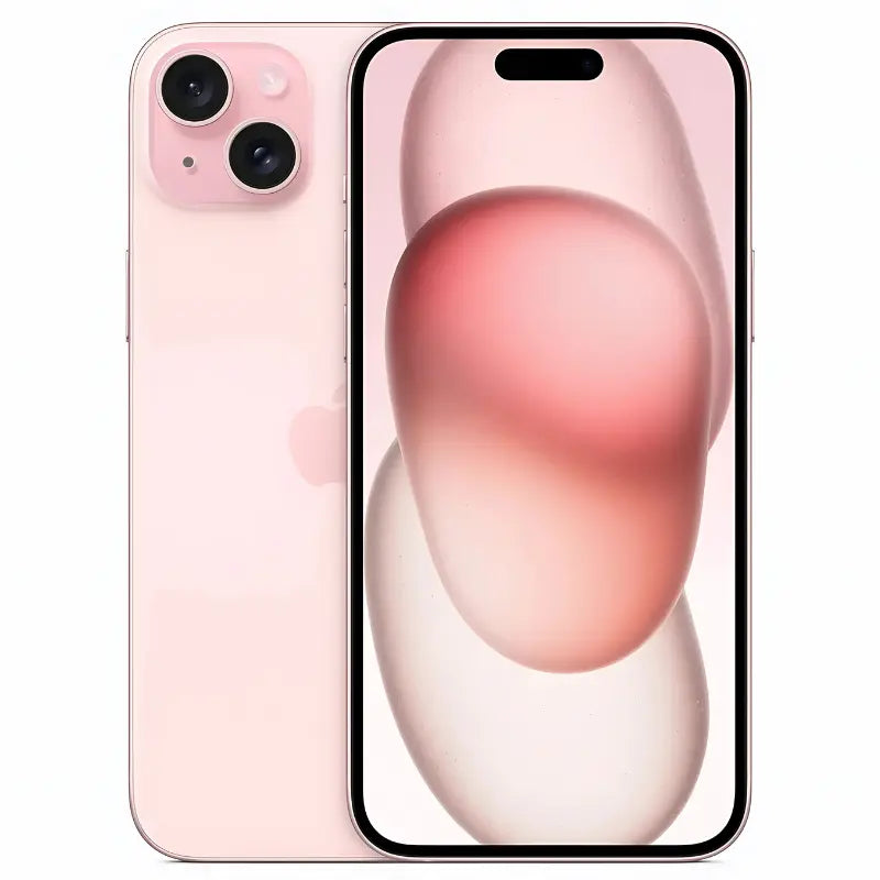Apple iPhone 15 Plus in pink color, showing the front display with Dynamic Island at the top and the back with a sleek matte finish, featuring a dual-camera setup arranged diagonally