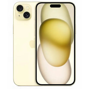 Apple iPhone 15 Plus in yellow color, showing the front display with Dynamic Island at the top and the back with a sleek matte finish, featuring a dual-camera setup arranged diagonally