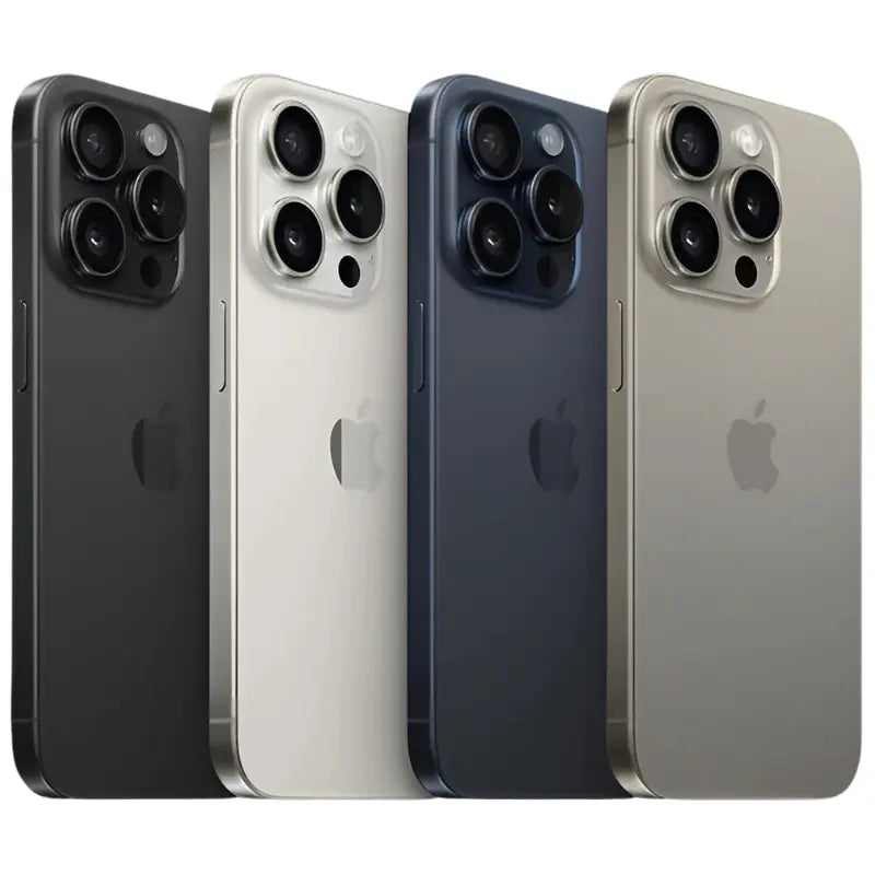 Apple iPhone 15 Pro in all color, showing the back view with the triple-camera system and the side view with the power button, highlighting its sleek and premium design