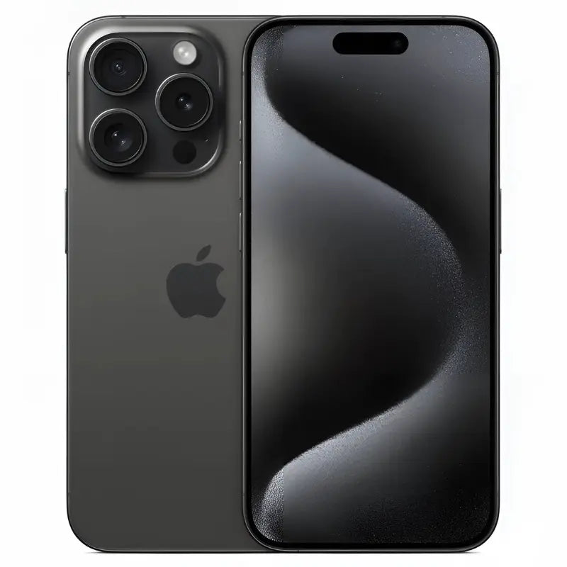 Apple iPhone 15 Pro in Black Titanium color, showing the front display and the back side with the triple-camera system, blending a premium finish with sleek design
