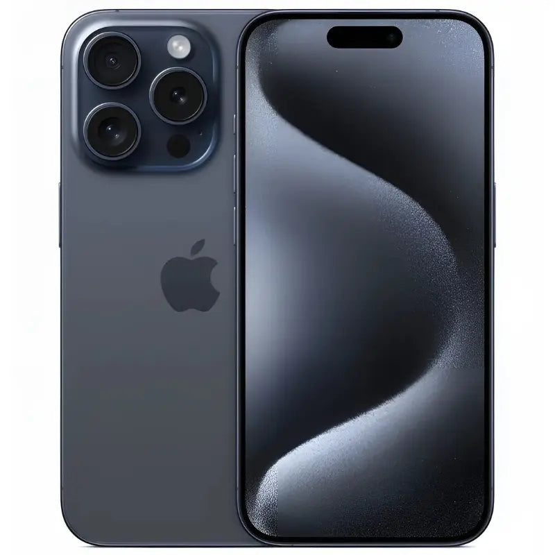 Apple iPhone 15 Pro in Blue Titanium color, showing the front display and the back side with the triple-camera system, blending a premium finish with sleek design