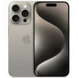 Apple iPhone 15 Pro in Natural Titanium color, showing the front display and the back side with the triple-camera system, blending a premium finish with sleek design