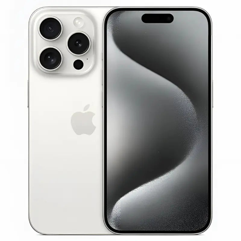 Apple iPhone 15 Pro in White Titanium color, showing the front display and the back side with the triple-camera system, blending a premium finish with sleek design