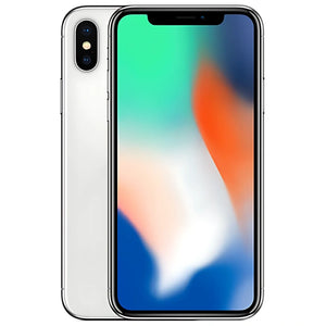 ilver iPhone X showing the front display with a vibrant Super Retina OLED screen and the back featuring a sleek glass design with dual 12MP cameras aligned vertically