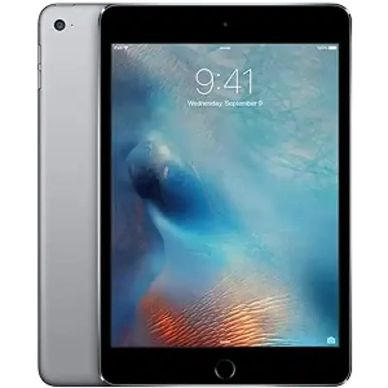 Apple iPad Mini 4 wifi in Space Gray, showcasing the front display and sleek dark gray back with a rear camera
