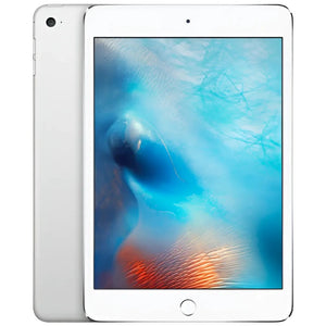 Apple iPad Mini 4 wifi in Silver, displaying the front screen and elegant gold back with a rear camera
