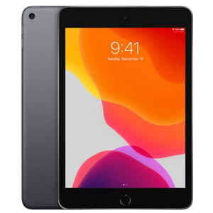 Space Gray iPad mini 5 with a bright display on the front and a sleek dark gray back featuring a rear camera