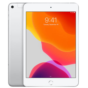 Silver iPad mini 5 with a vibrant display, featuring a polished silver back and a rear camera