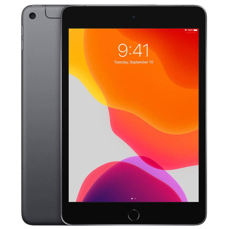 Space Gray iPad mini 5 showcasing a bright display on the front and a sleek dark gray back with a rear camera