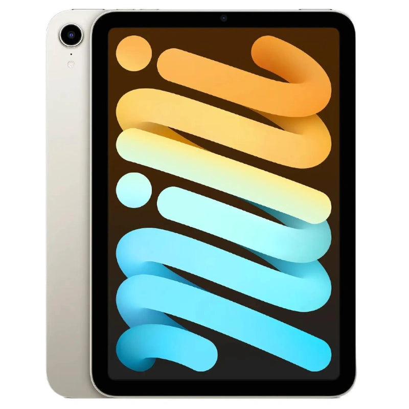 Apple iPad Mini 6 Wi-Fi in Starlight, showcasing the front display and elegant light gold back with a rear camera