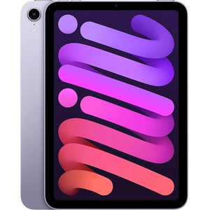 Purple iPad mini 6 cellular model displaying its vibrant screen, featuring a rich purple back and a rear camera