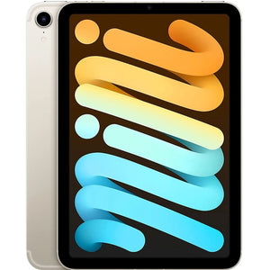Starlight iPad mini 6 cellular model showcasing a bright display, complemented by a light silver-gold back and a rear camera