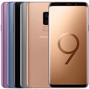 Samsung Galaxy S9 Plus in various colors, showcasing the front side with a vibrant display and the back side featuring a dual camera setup and fingerprint sensor