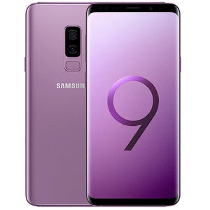 Samsung Galaxy S9 Plus in Bora Purple, showcasing the front side with a vibrant display and the back side featuring a dual camera setup and fingerprint sensor