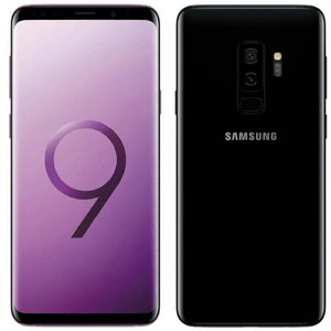 Samsung Galaxy S9 Plus in midnight black color, showcasing the front side with a vibrant display and the back side featuring a dual camera setup and fingerprint sensor