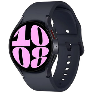 Graphite Samsung Galaxy Watch 6 GPS model featuring a vivid circular Super AMOLED display, Sapphire Crystal Glass, and soft, interchangeable bands