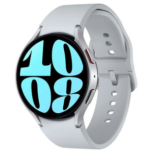 Silver Samsung Galaxy Watch 6 GPS model featuring a vivid circular Super AMOLED display, Sapphire Crystal Glass, and soft, interchangeable bands
