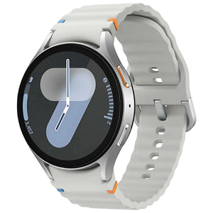 Samsung Galaxy Watch 7 GPS in Silver color displayed prominently, highlighting its sleek case, vibrant AMOLED display, and stylish band, exuding a premium look and modern elegance