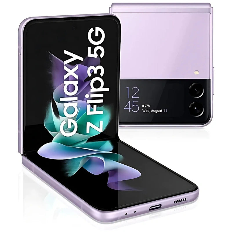 Samsung Galaxy Z Flip 3 in Lavender, showcasing its front display, folding back with dual cameras, and small back screen
