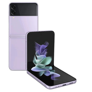 Samsung Galaxy Z Flip 3 in Lavender, showcasing its front display, folding back with dual cameras, and small back screen