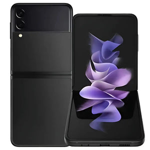 Samsung Galaxy Z Flip 3 in Phantom Black, showcasing its front display, folding back with dual cameras, and small back screen