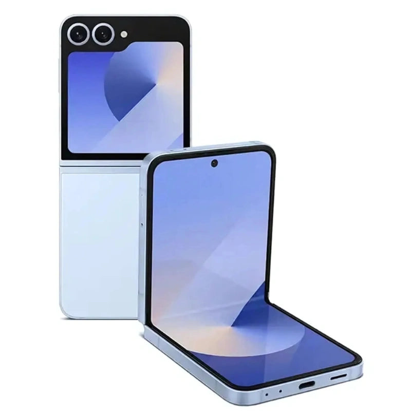 Sleek Blue Samsung Galaxy Z Flip6 folded, featuring a rich blue finish with dual cameras and cover screen displaying notifications