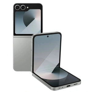 Elegant Silver Samsung Galaxy Z Flip6 folded, with a polished metallic silver look, dual-camera setup, and cover screen displaying essential notifications