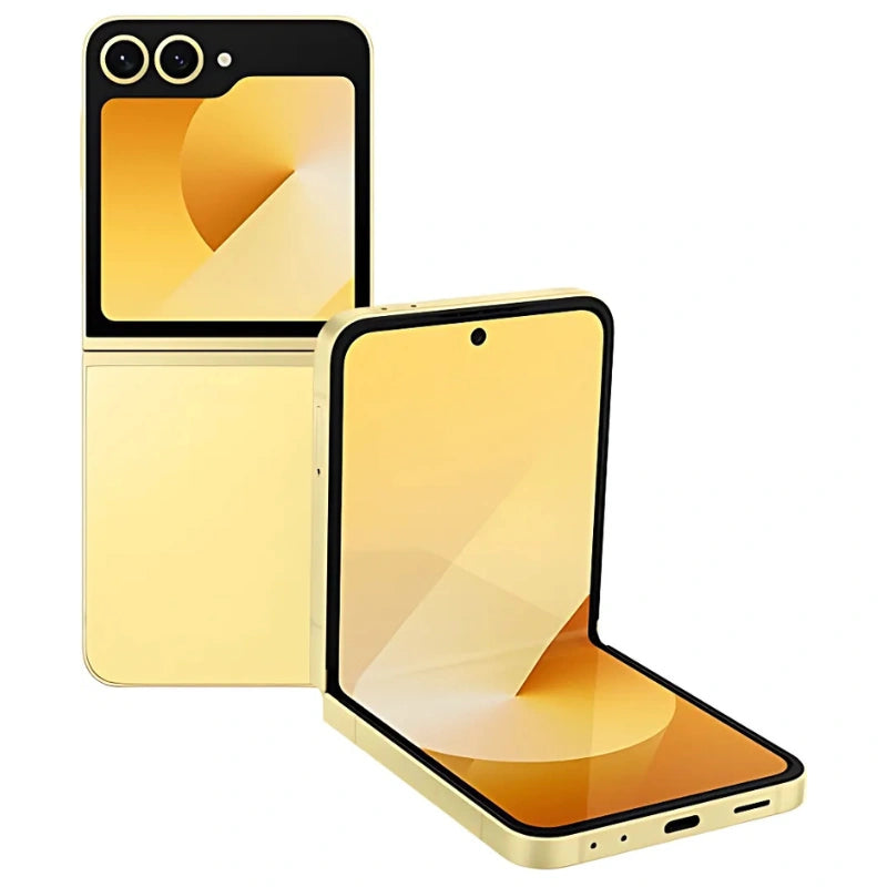 Bright Yellow Samsung Galaxy Z Flip6 folded, showcasing a vibrant yellow exterior, dual cameras, and cover screen for quick alerts