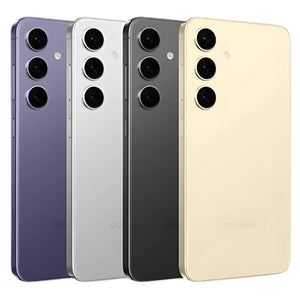 Samsung Galaxy S24 Plus in Cobalt Violet, Onyx Black, Marble Grey and Amber Yellow showcasing the back side featuring a triple camera setup, highlighting its sleek design and vibrant color